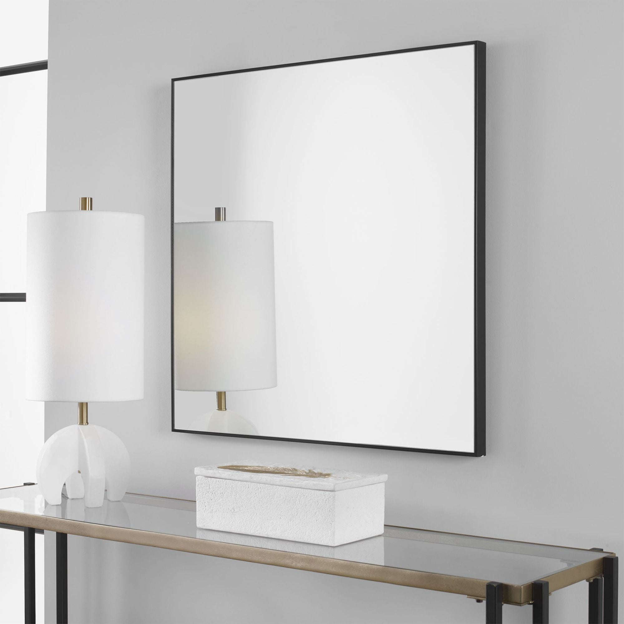 Contemporary Black Wood Square Mirror 29"