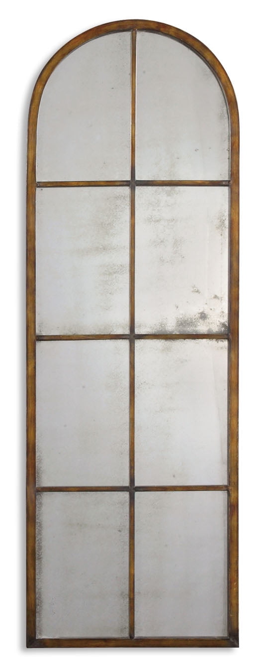 Maple Brown Arched Windowpane Wall Mirror with Antique Glass