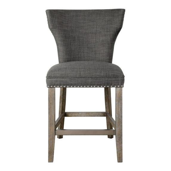Uttermost Arnaud 25" Wood and Fabric Upholstered Counter Stool in Brass and Gray