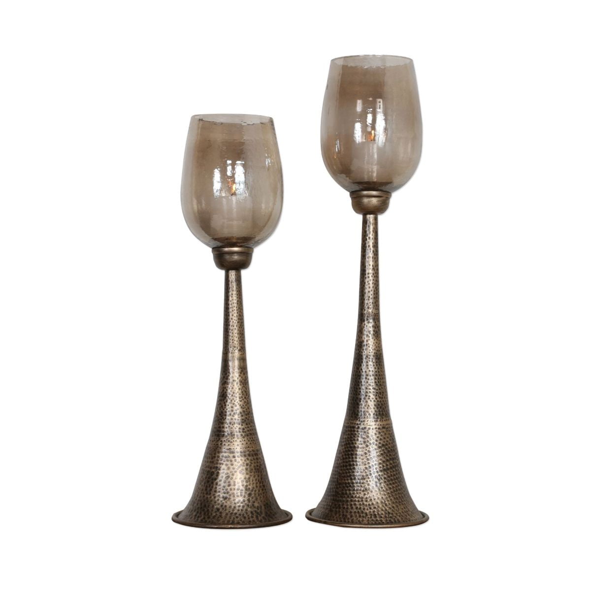 Badal Antiqued Gold Trumpet-Shaped Metal & Glass Candleholders Set