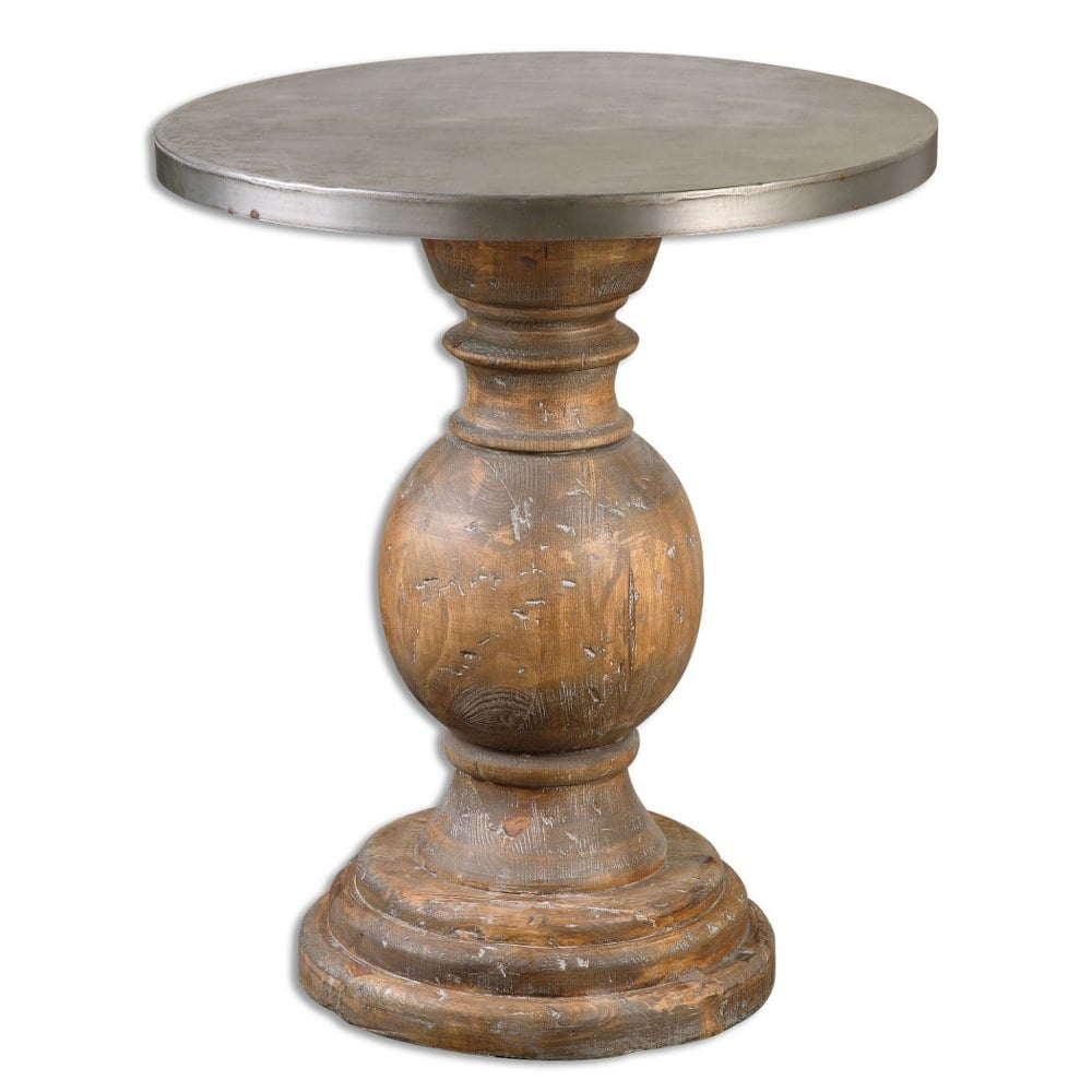 Billie Transitional Round Accent Table in Brown and Silver