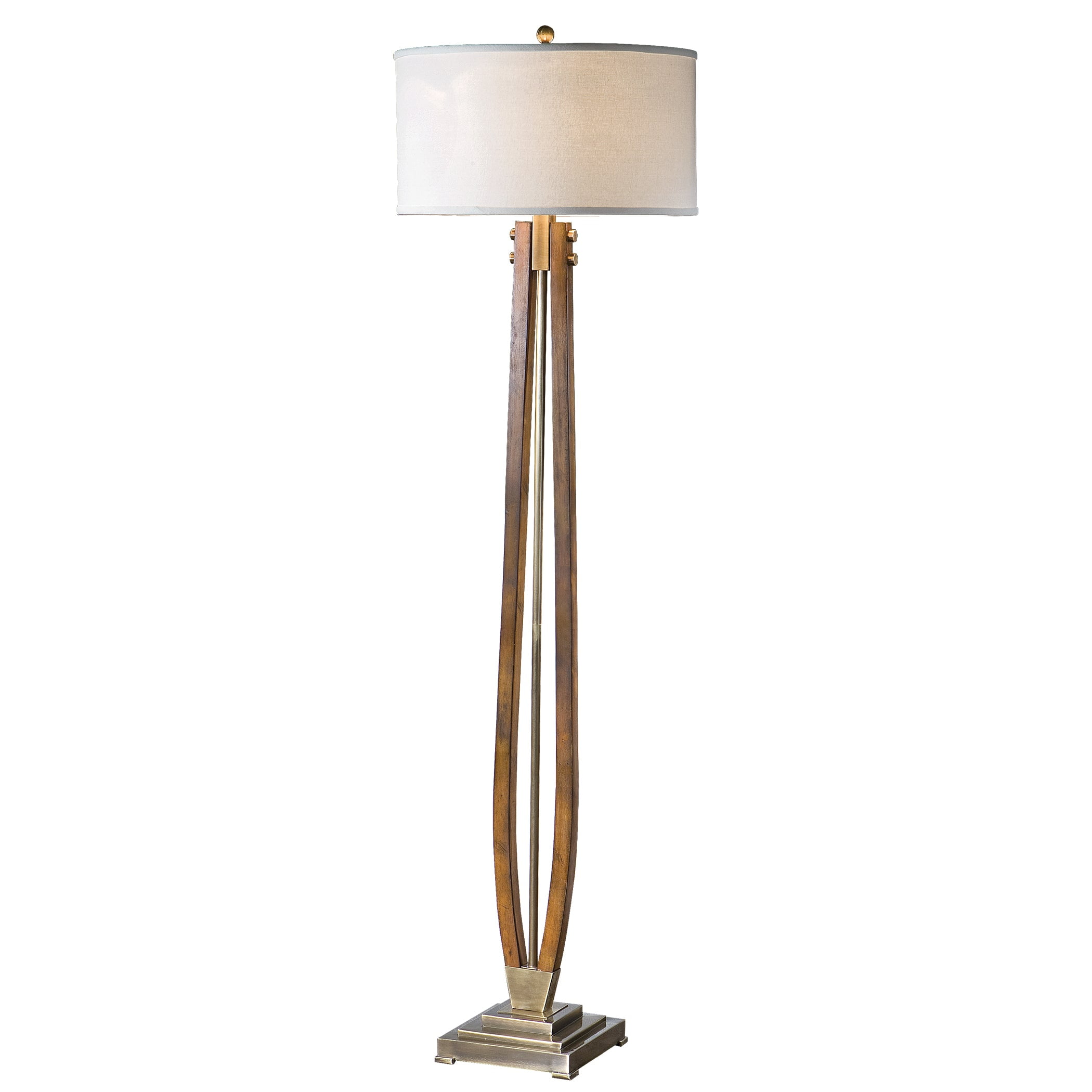 Burnished Honey Wood and Bronze Floor Lamp with Linen Shade