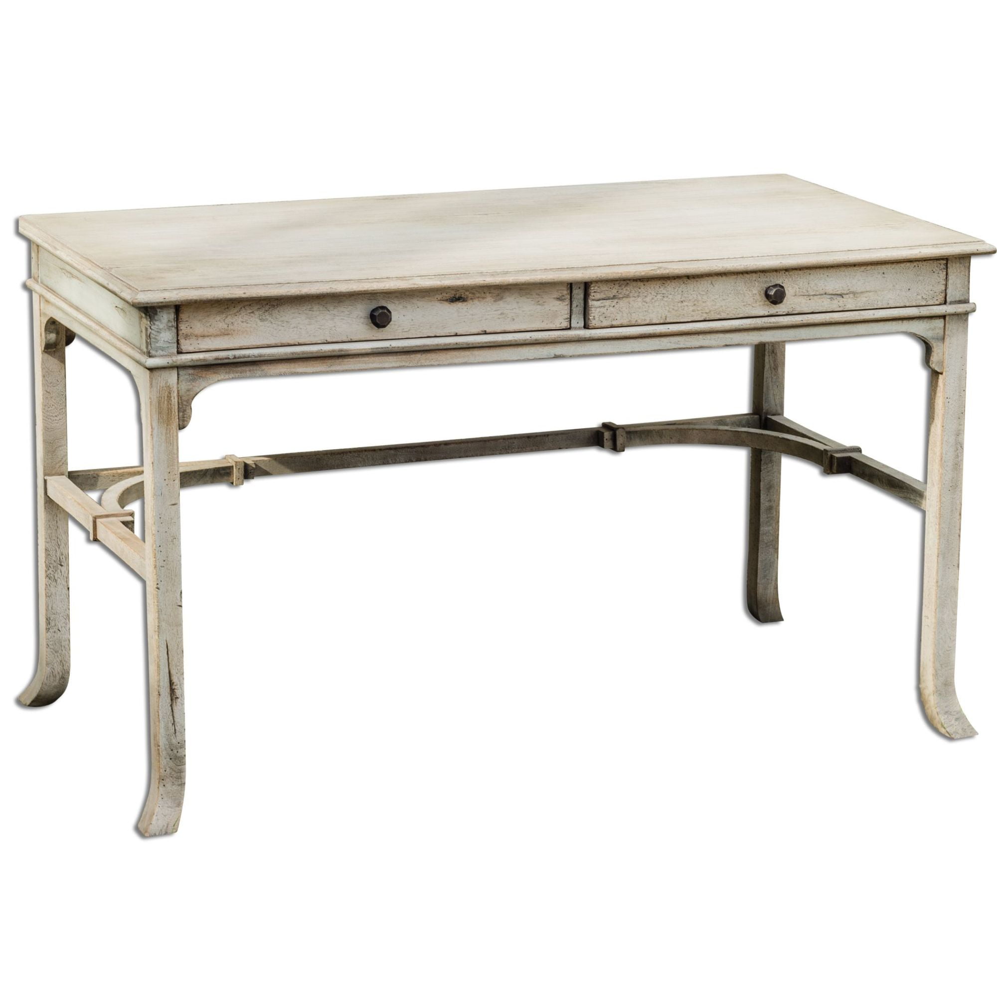 Elegantly Carved Aged White Solid Wood Home Office Desk with Drawers