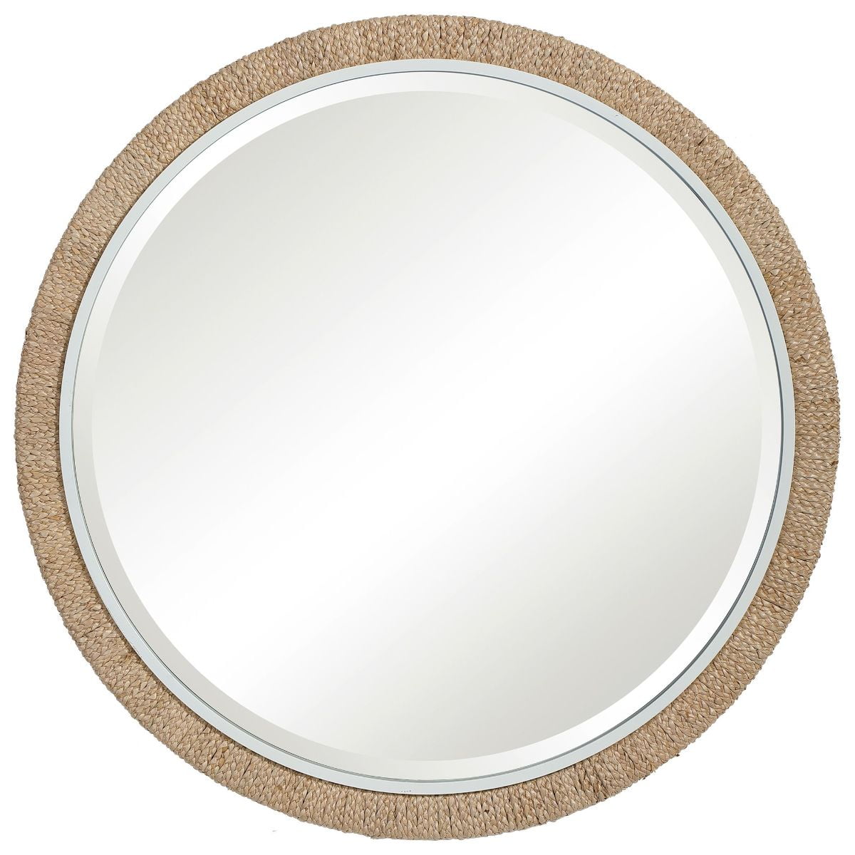 Coastal Charm 40" Round Beveled Mirror with White and Brown Banana Leaf Frame