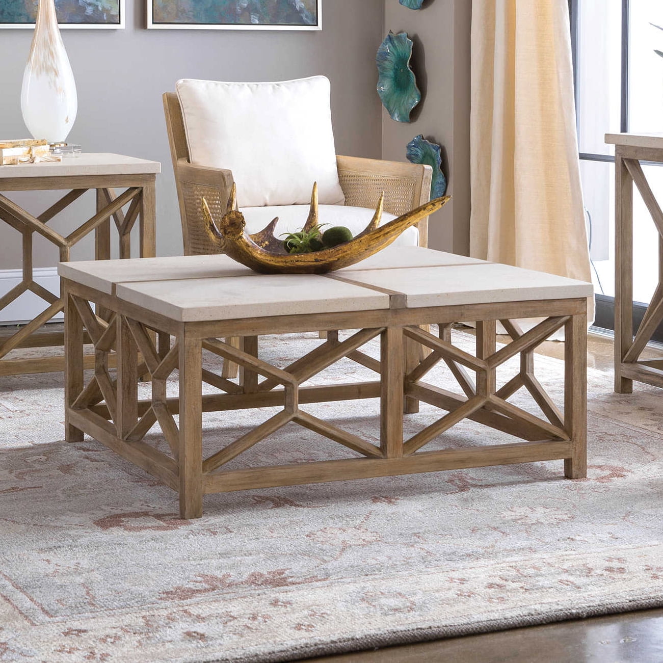 Transitional Coastal Square Coffee Table in Washed Natural