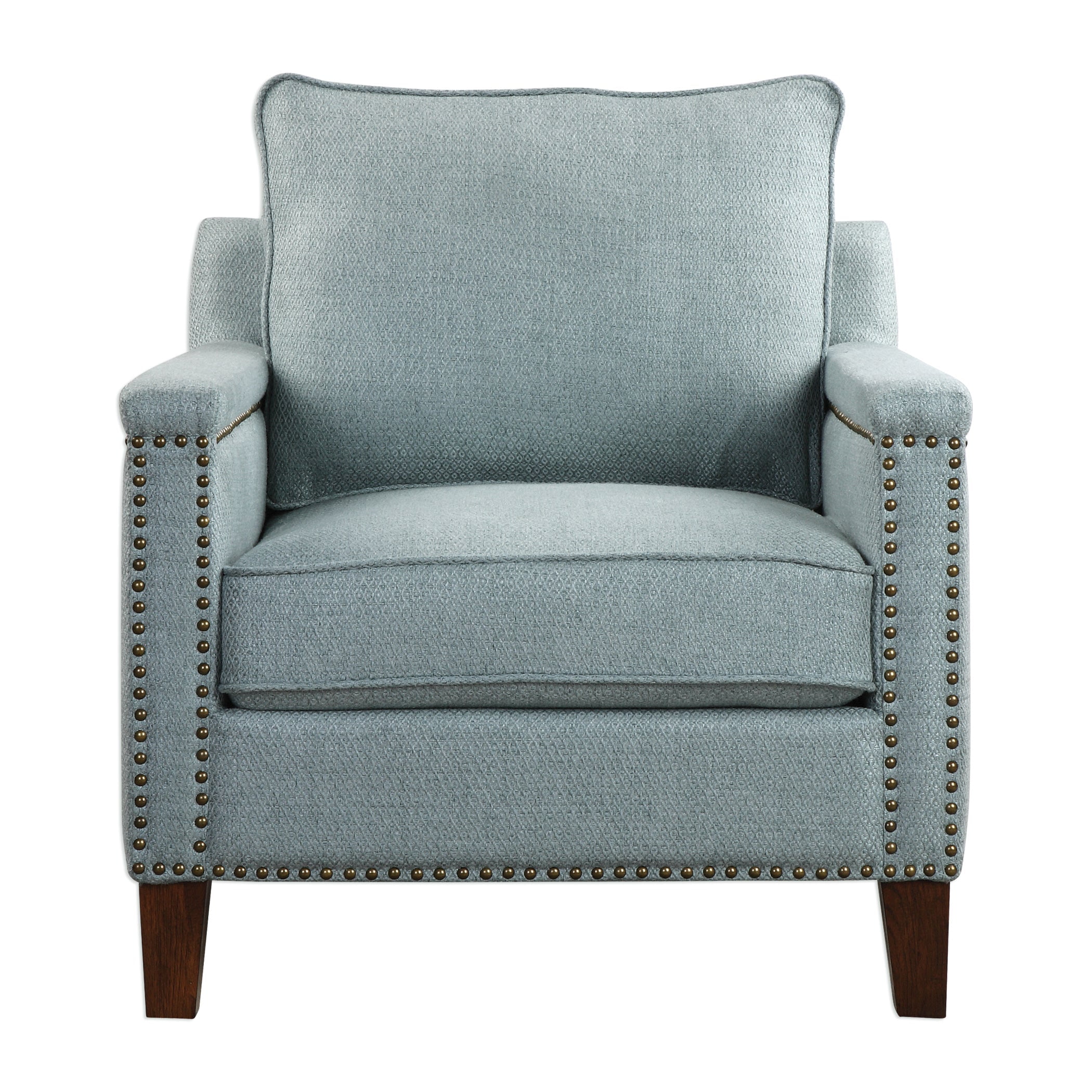 Transitional Sea Mist Blue Fabric Accent Chair with Brass Nailheads