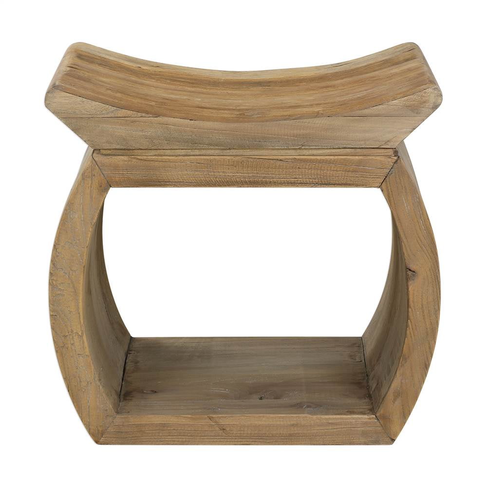 Transitional Reclaimed Elm Wood Accent Stool with Storage Shelf