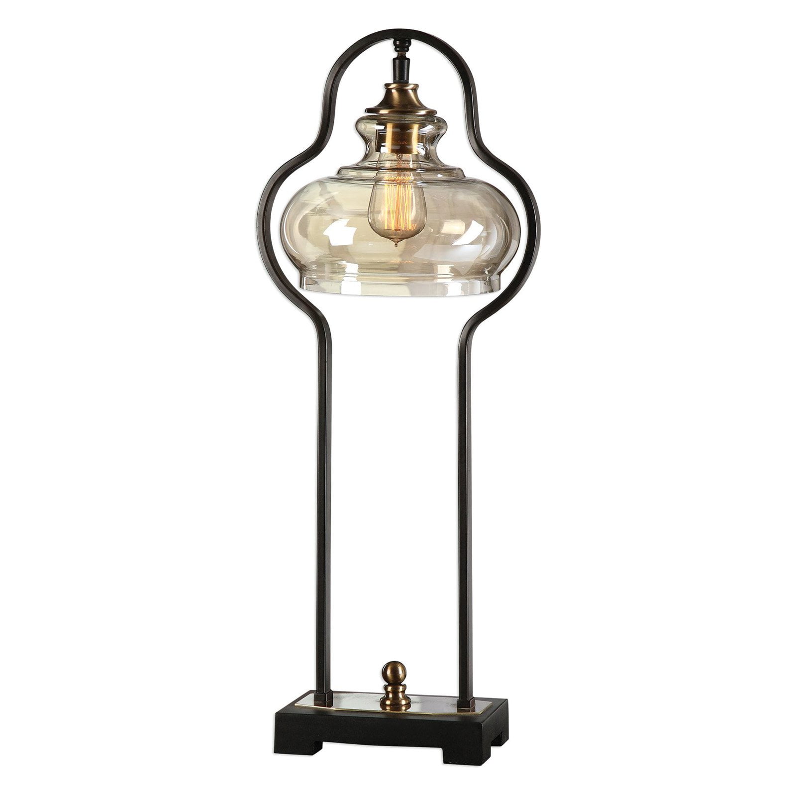 Aged Black Iron Arc Table Lamp with Glass Shade