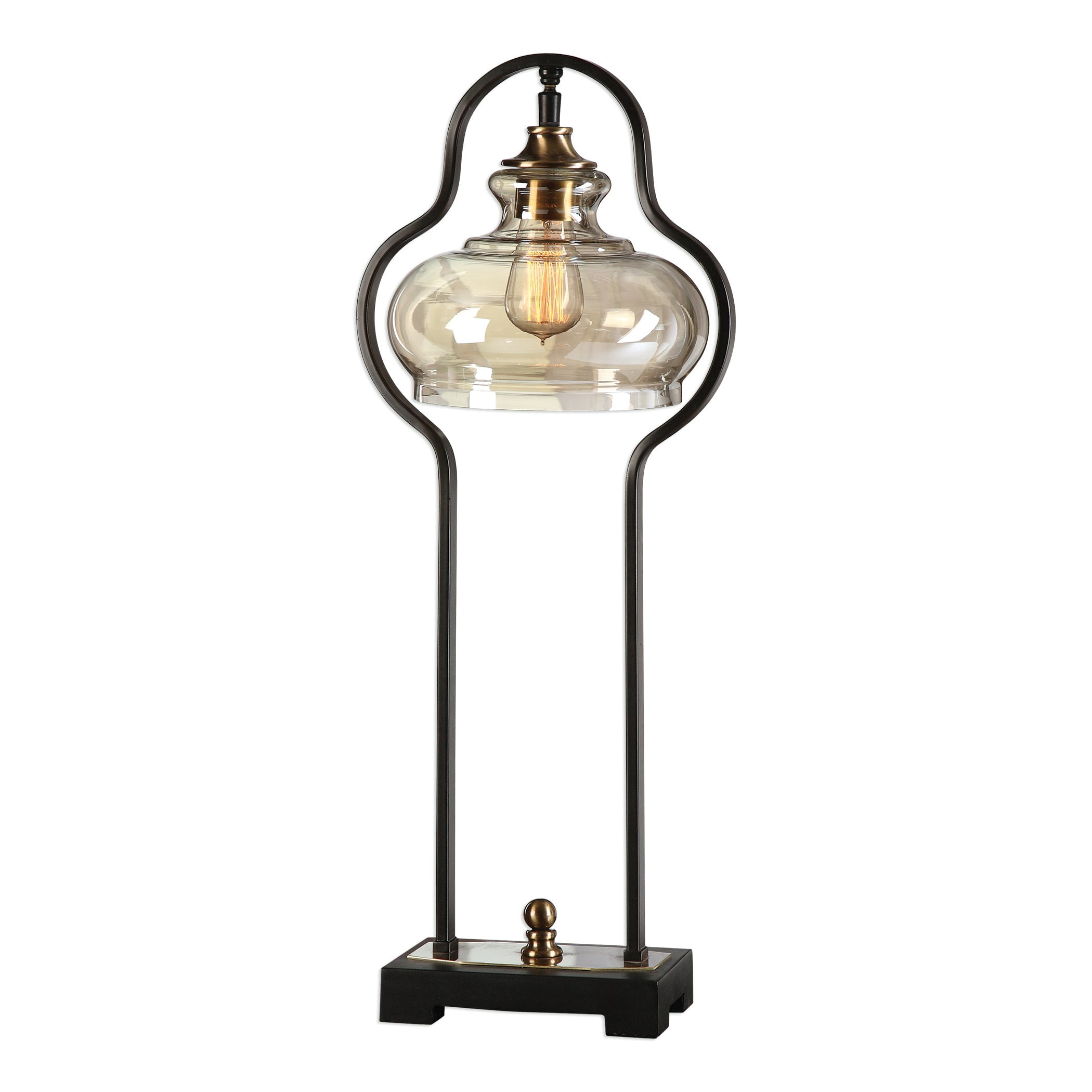 Aged Black Iron Arc Table Lamp with Glass Shade