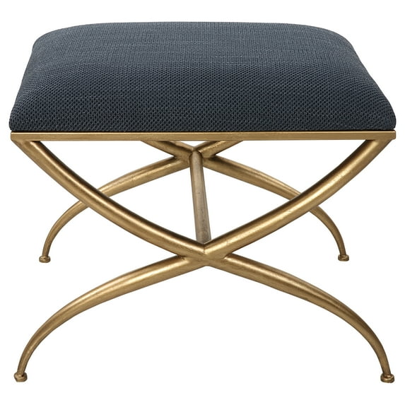 Uttermost Crossing Contemporary Iron and Fabric Small Bench in Navy Blue/Gold