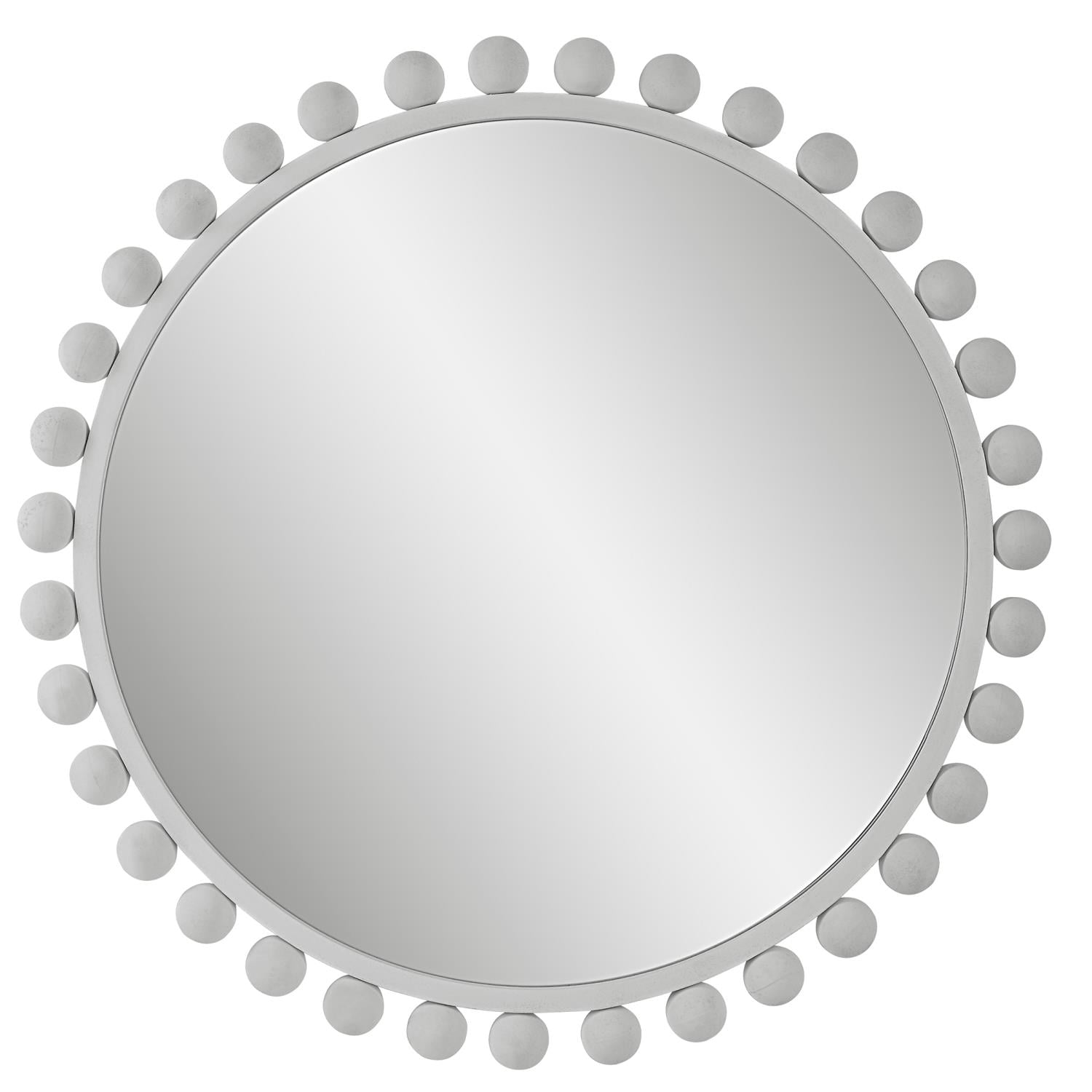 Cyra Transitional White Round Wood Mirror with Beaded Iron Frame