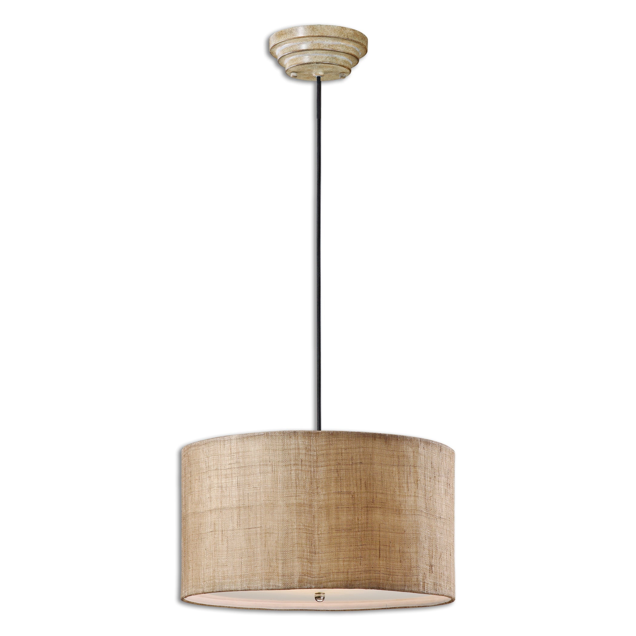 Antiqued Burlap Drum Pendant Light with Frosted Glass