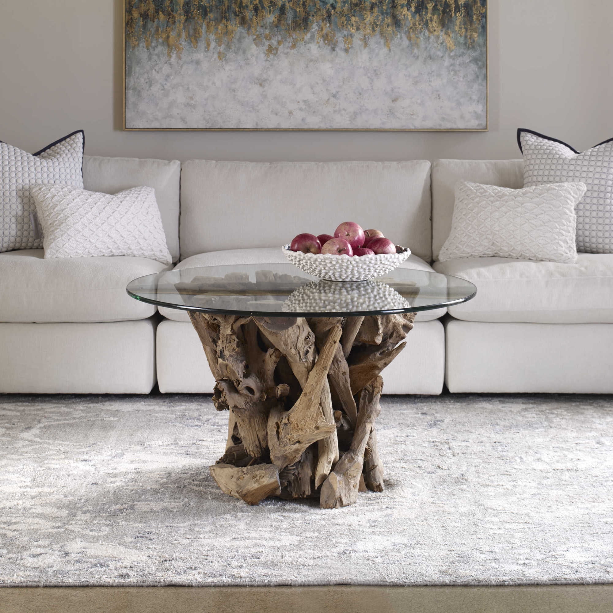 Rustic Lodge Round Teak Wood & Glass Cocktail Table