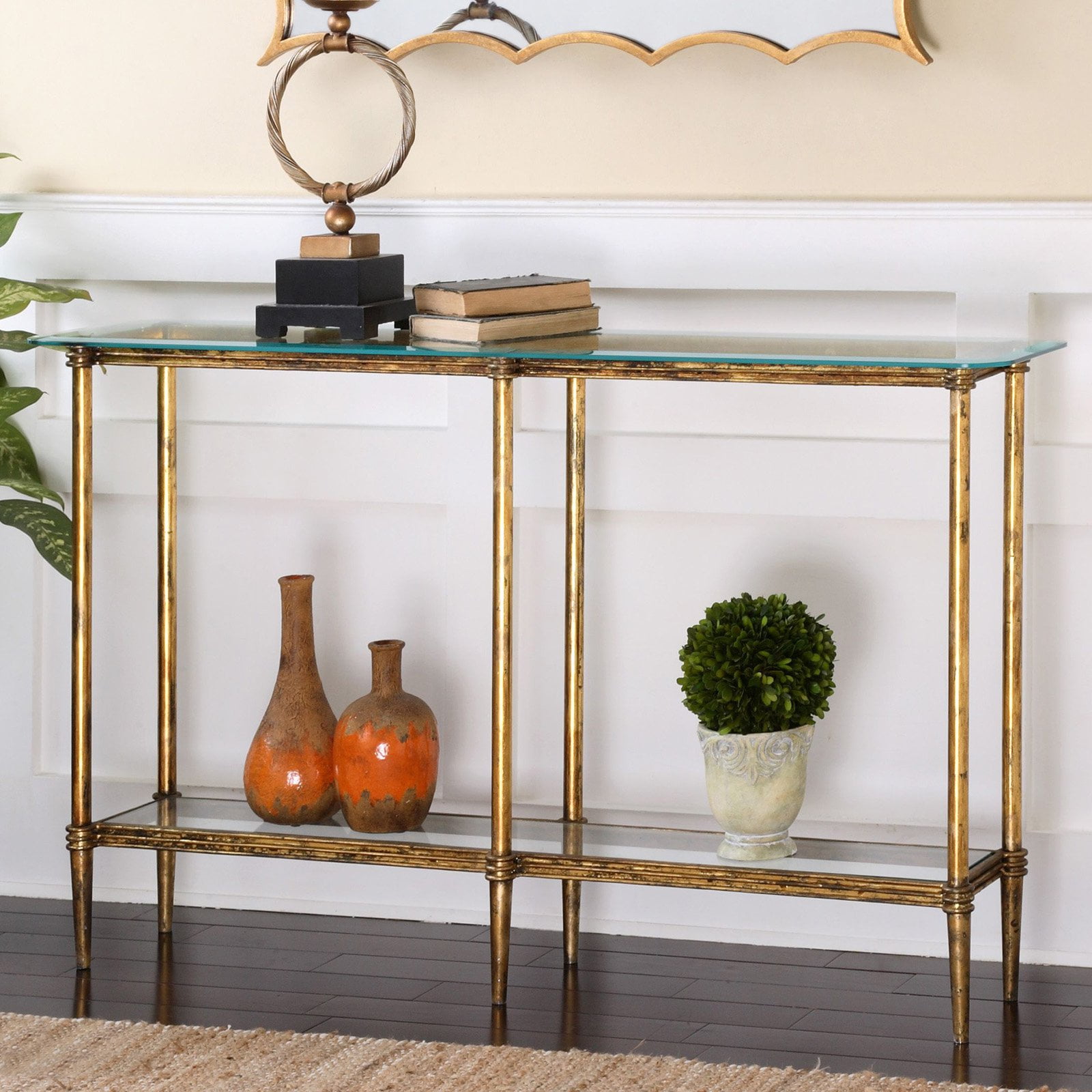 Elenio Transitional 54'' Gold Leaf Console Table with Glass Shelf