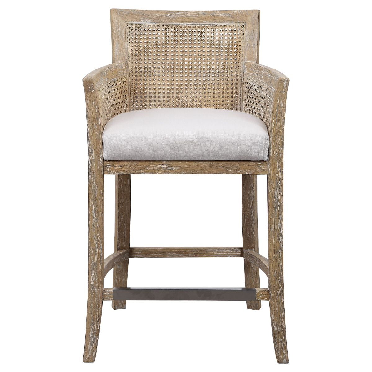Coastal White Wood and Metal Counter Stool with Off-White Cushion