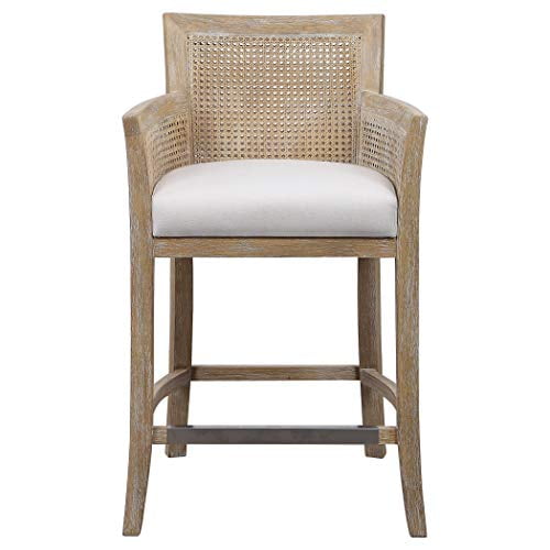 Coastal White Wood and Metal Counter Stool with Off-White Cushion