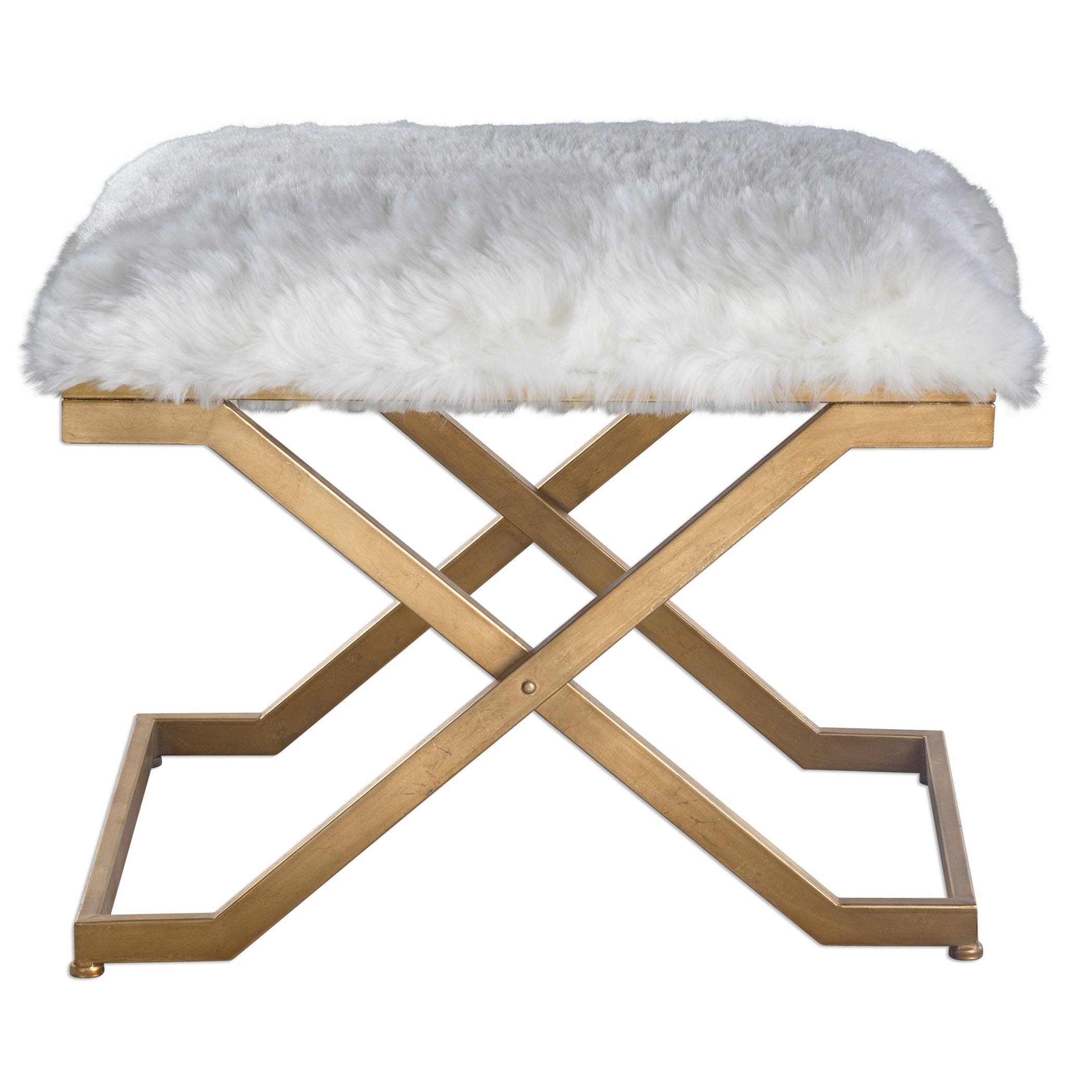 24'' Plush White Faux Fur & Antique Gold Industrial Bench