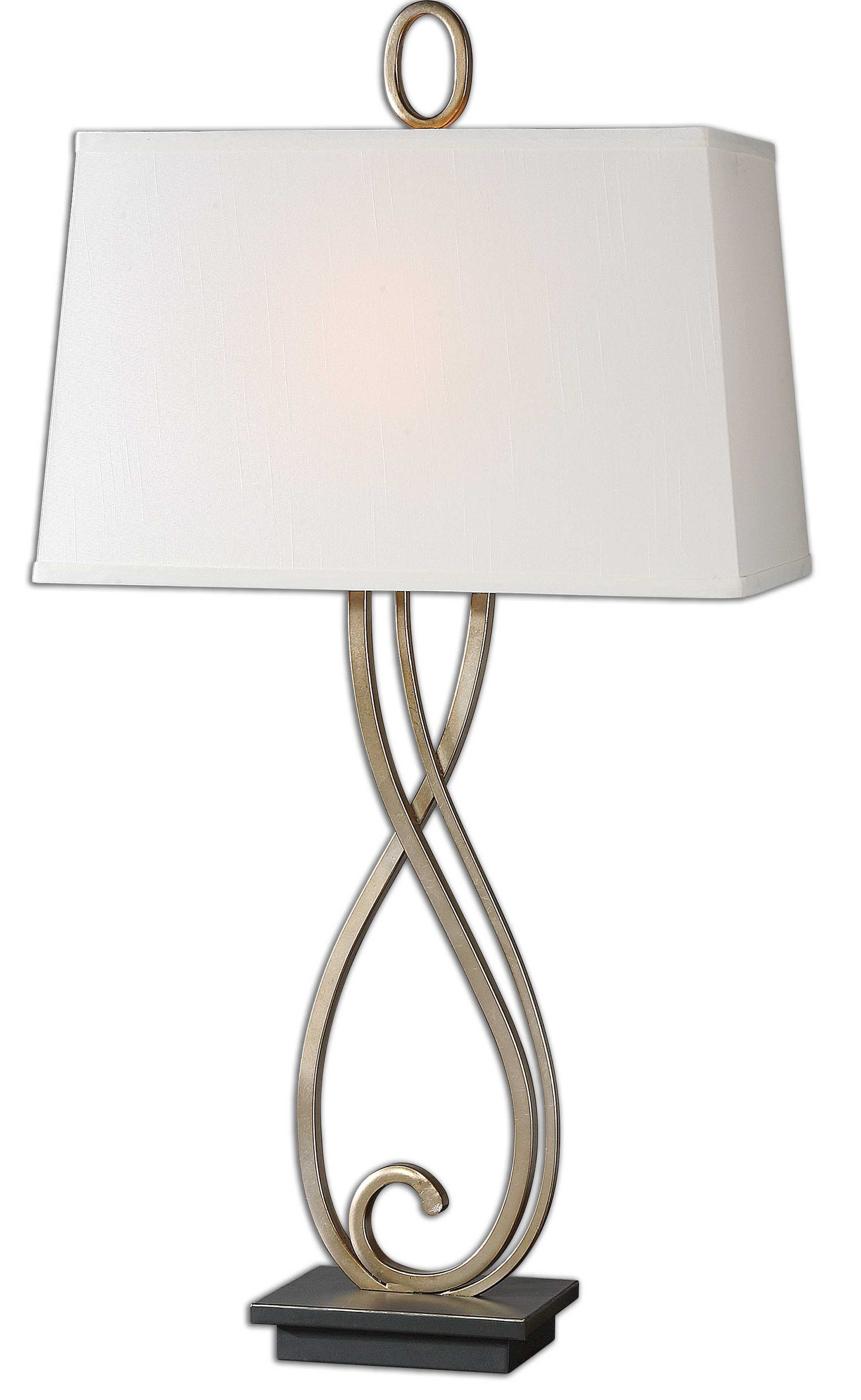 Antiqued Silver Champagne Scroll 1-Light Table Lamp with Linen Shade