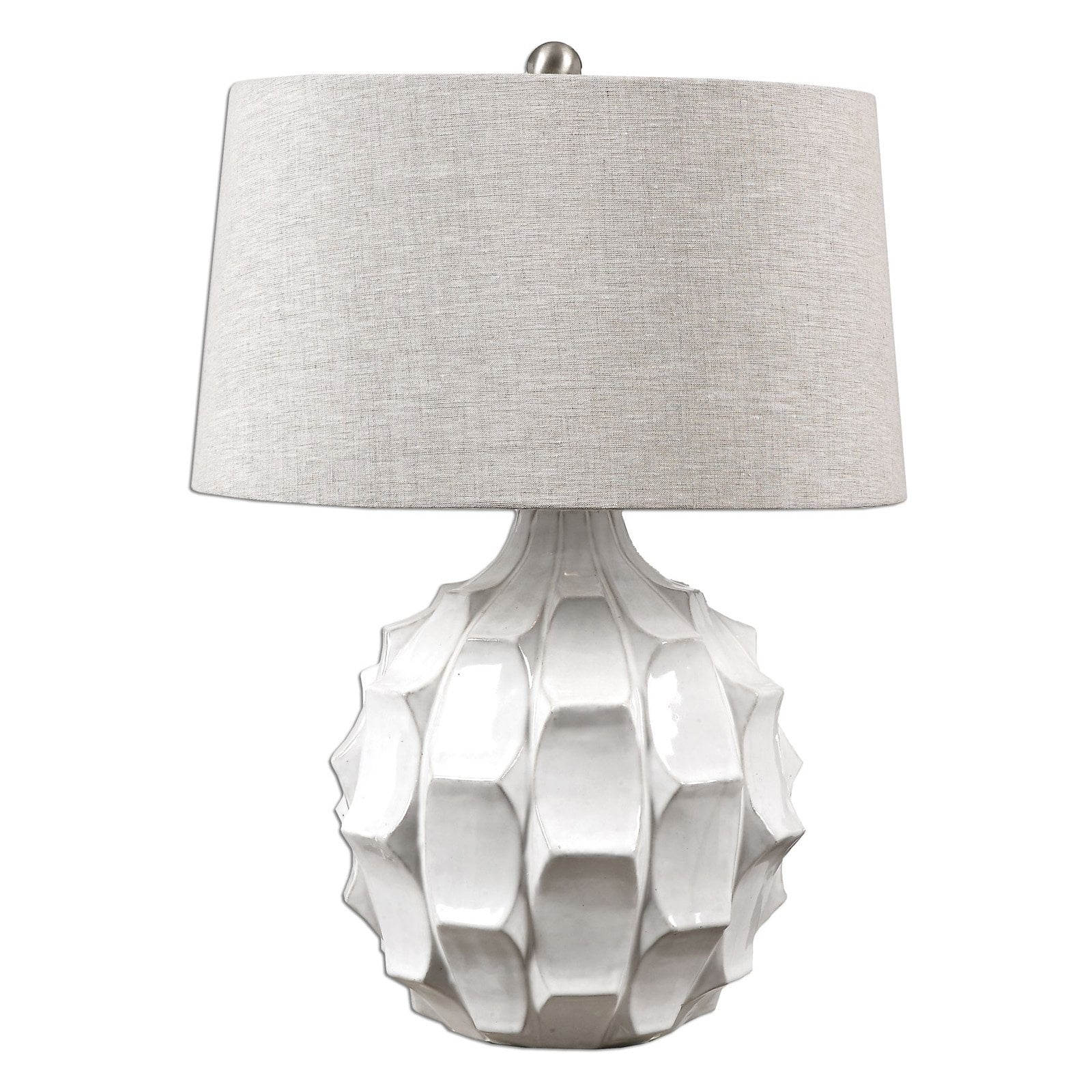 Uttermost Guerina Ceramic Fabric and Metal Scalloped Lamp in White/Gray/Nickel