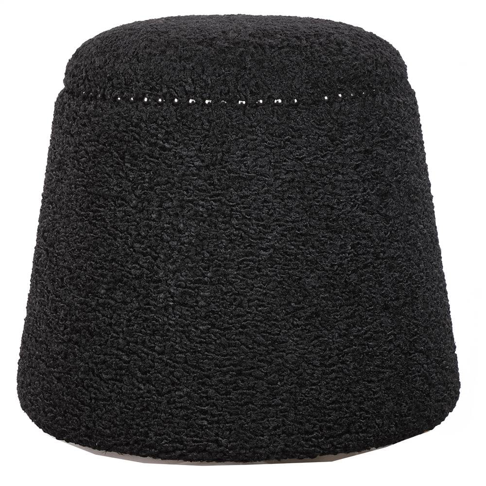 Black Faux Shearling Round Pouf Ottoman with Rivets
