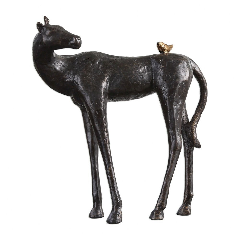 Rustic Black Iron Horse Statue with Gold Bird Accent