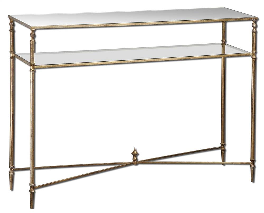 Elegant Gold Leaf Mirrored Console Table with Glass Shelf