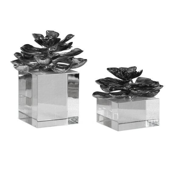 Uttermost Indian Lotus 2-Piece Crystal and Resin Sculpture Set in Silver