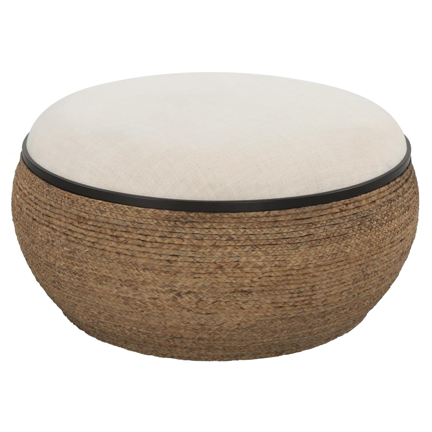 36" Beige Braided Straw Round Cocktail Ottoman