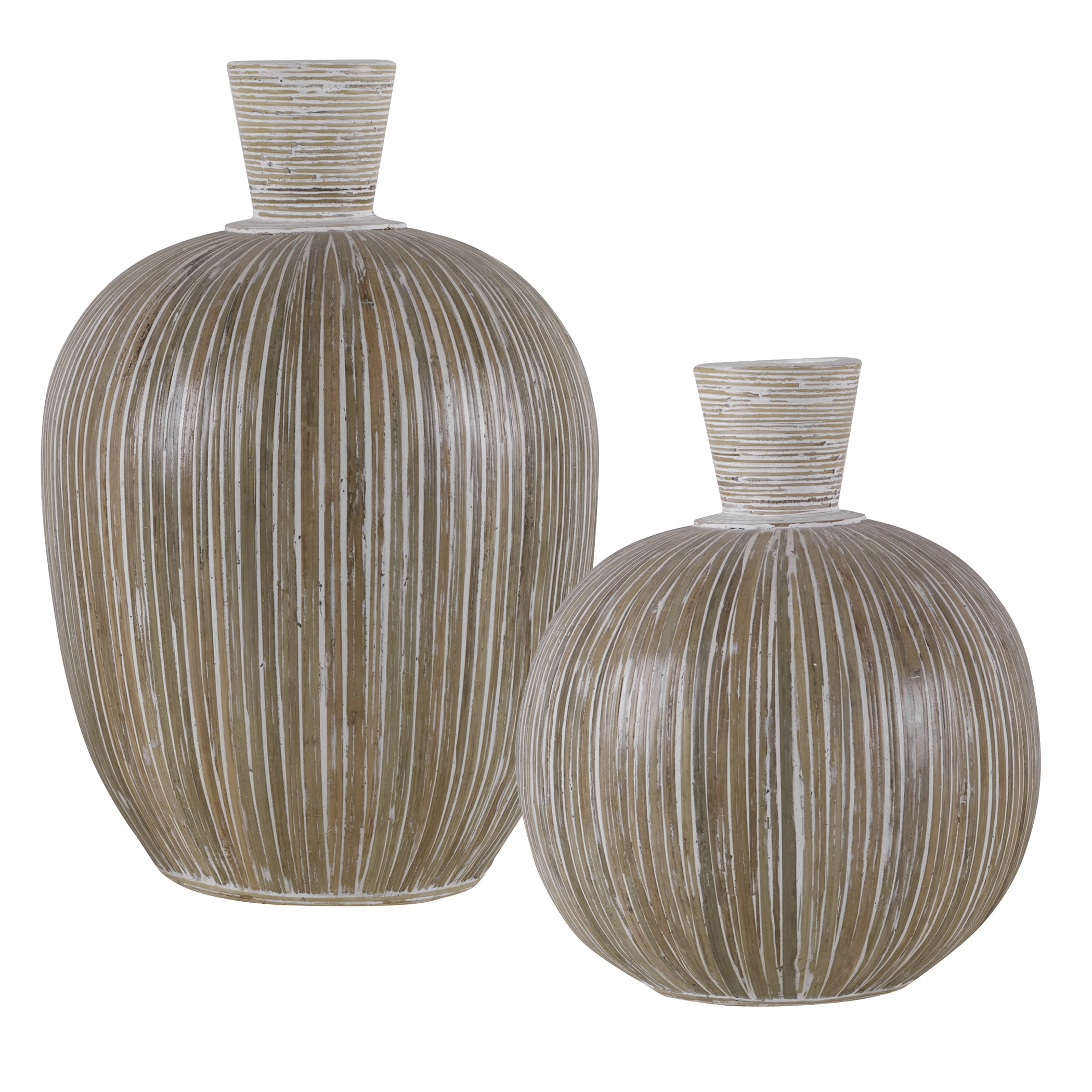 Whitewashed Terracotta and Bamboo Decorative Vase Set