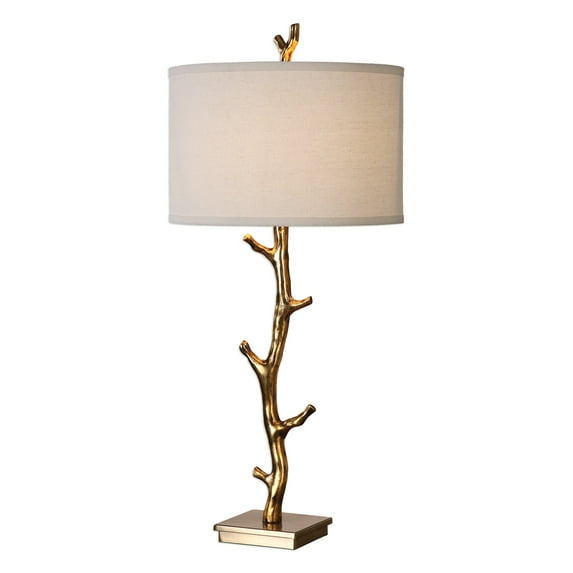 Uttermost Javor Steel Fabric Tree Branch Table Lamp in Antique Gold and Ivory