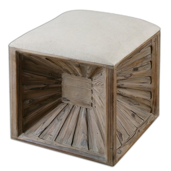 Uttermost Jia Coastal Wood and Fabric Ottoman in White/Woodtone