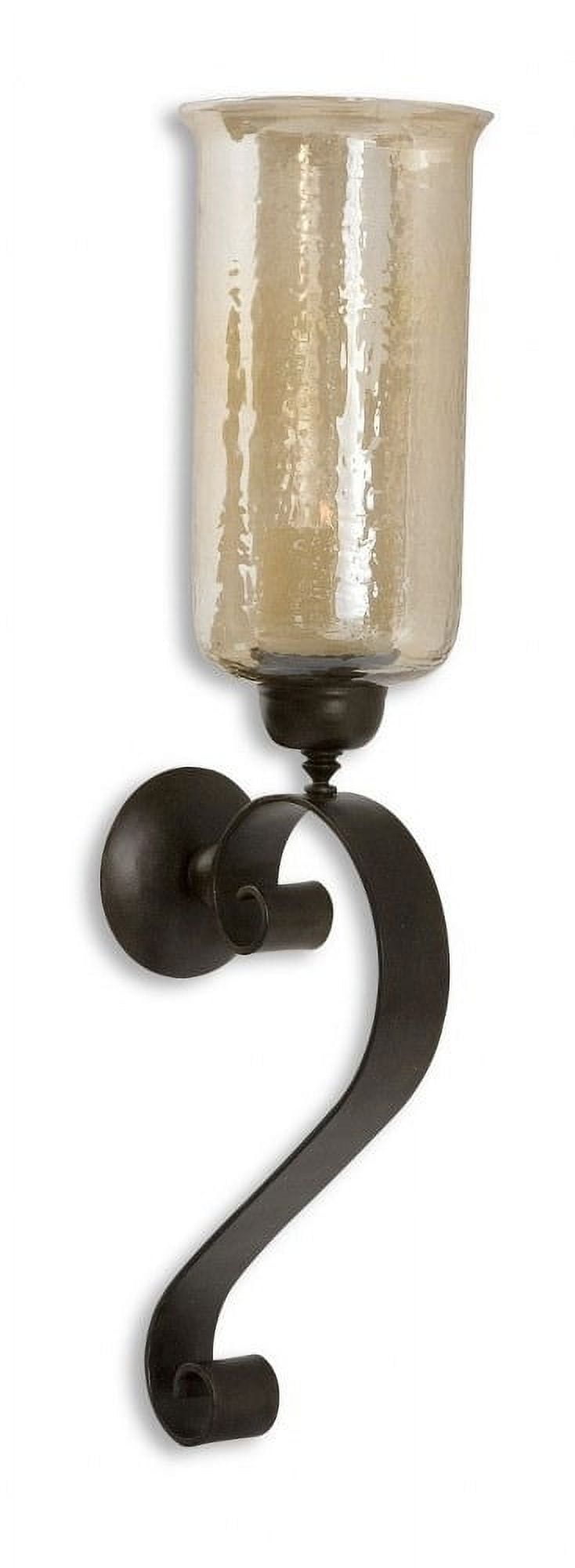 Antiqued Bronze Hand-Forged Iron and Amber Glass Candle Wall Sconce