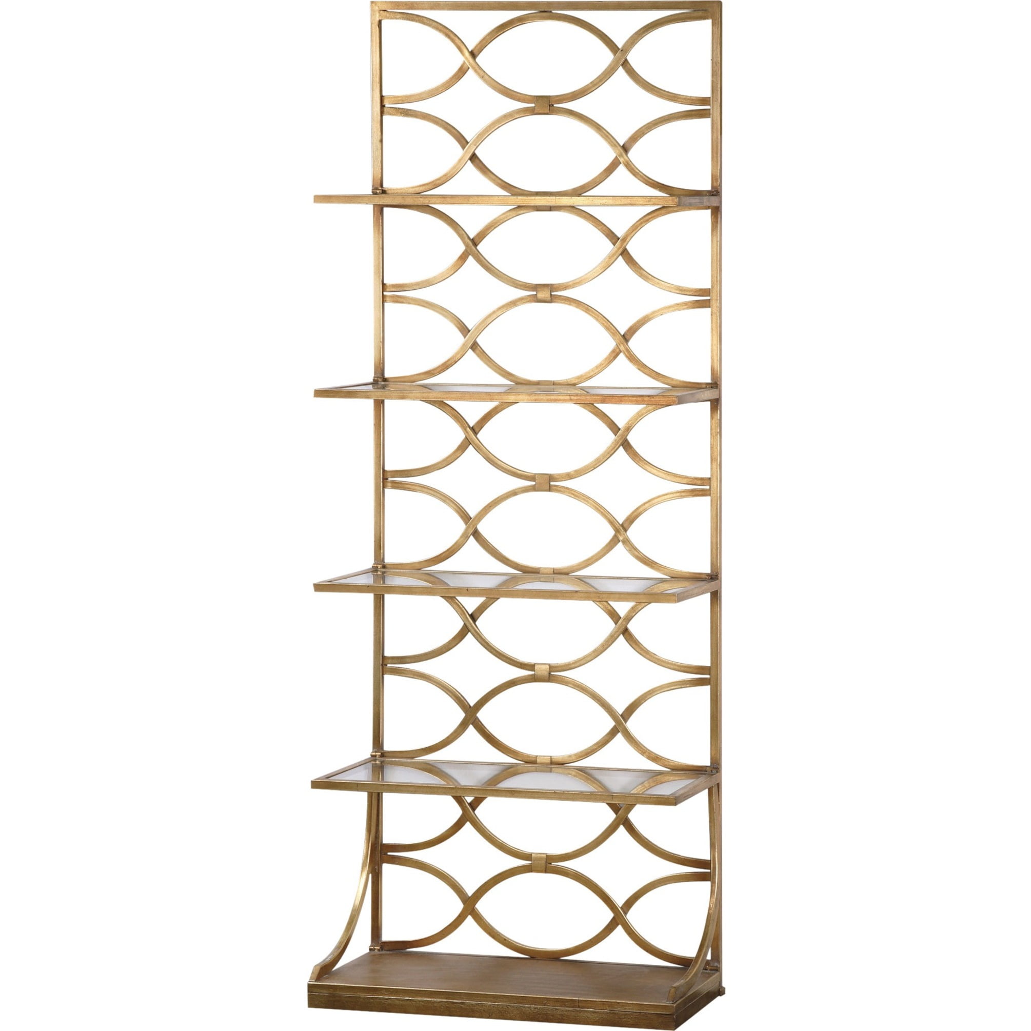 Lustrous Gold Leaf 30" Forged Iron Etagere with Tempered Glass Shelves