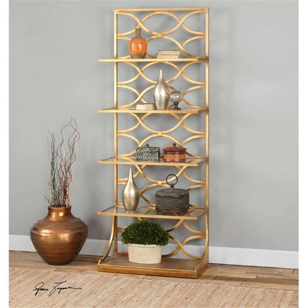 Lustrous Gold Leaf 30" Forged Iron Etagere with Tempered Glass Shelves