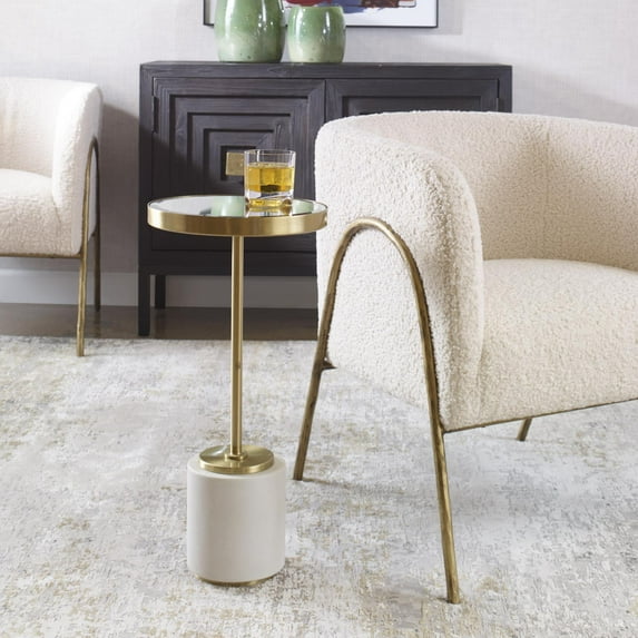 Uttermost Laurier Faux Shagreen Steel and Marble Drink Table in Brass and White
