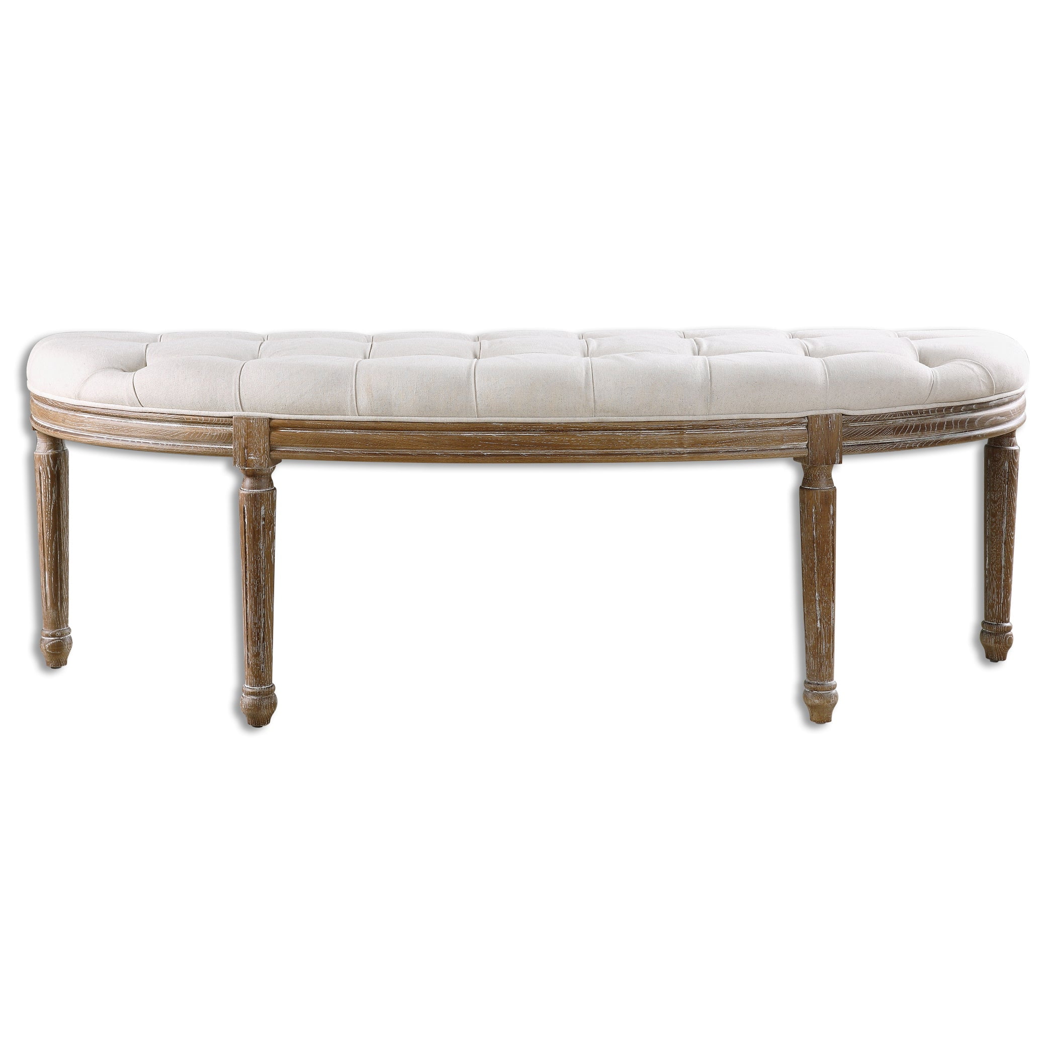 Leggett Off-White Upholstered Tufted Bench with Oak Base
