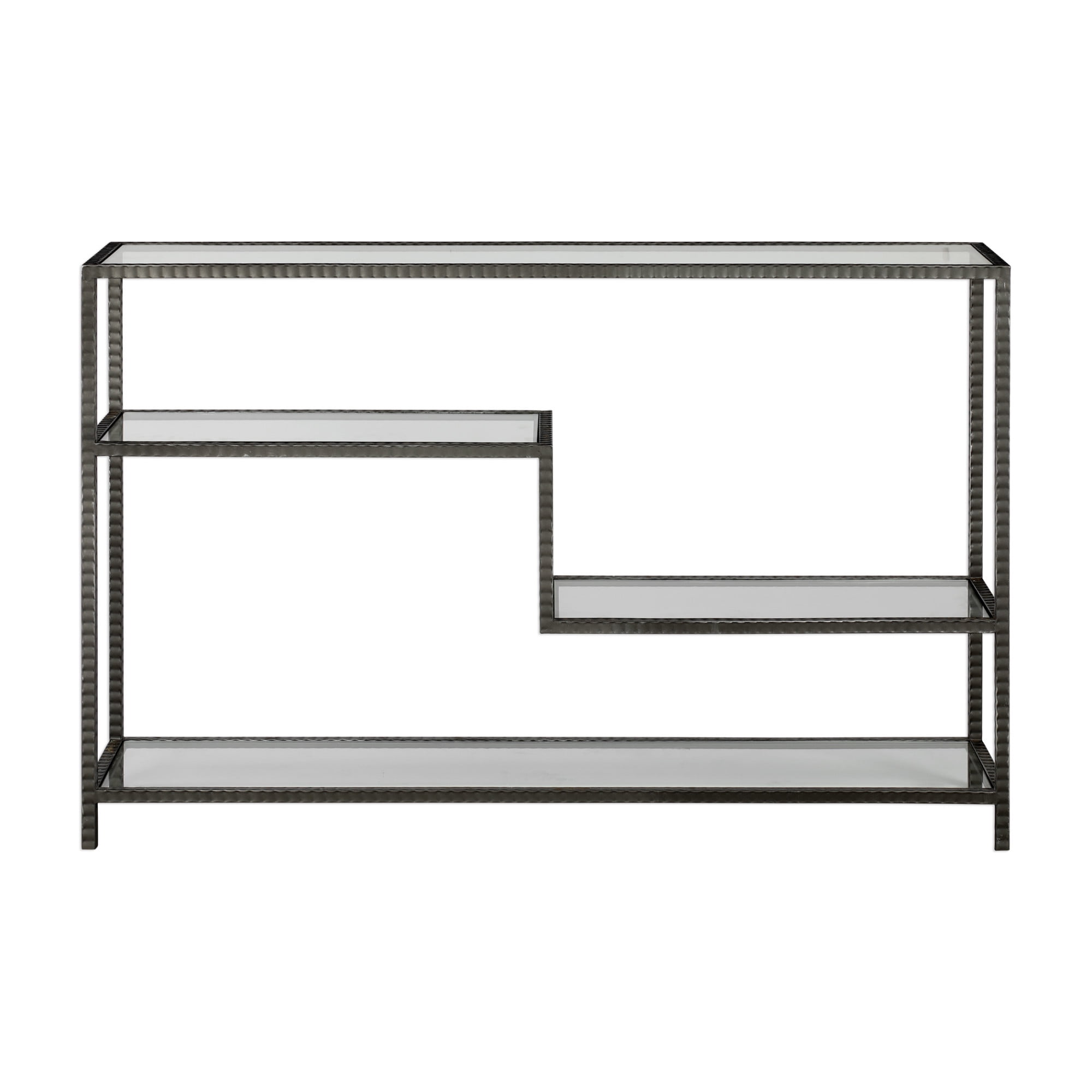 Industrial Gunmetal Gray Iron and Glass Console Table with Storage