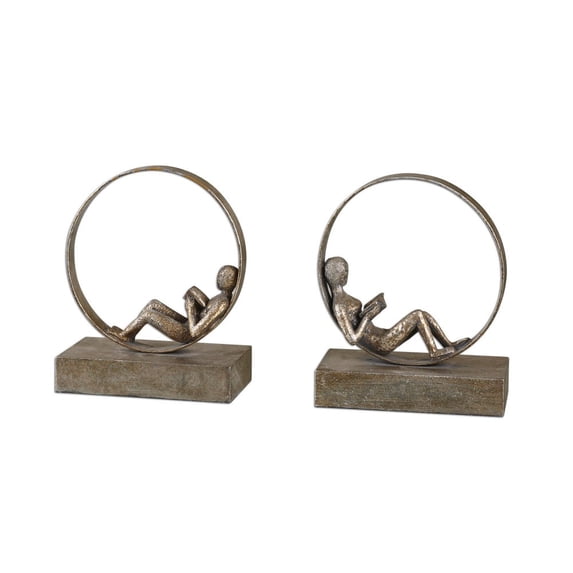 Uttermost Lounging Reader 2-Piece Metal MDF Bookend Set in Antiqued Silver/Gold