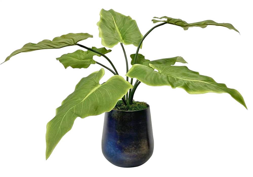 Modern Green Calla Lily Faux Plant in Blue Oxidized Metal Pot