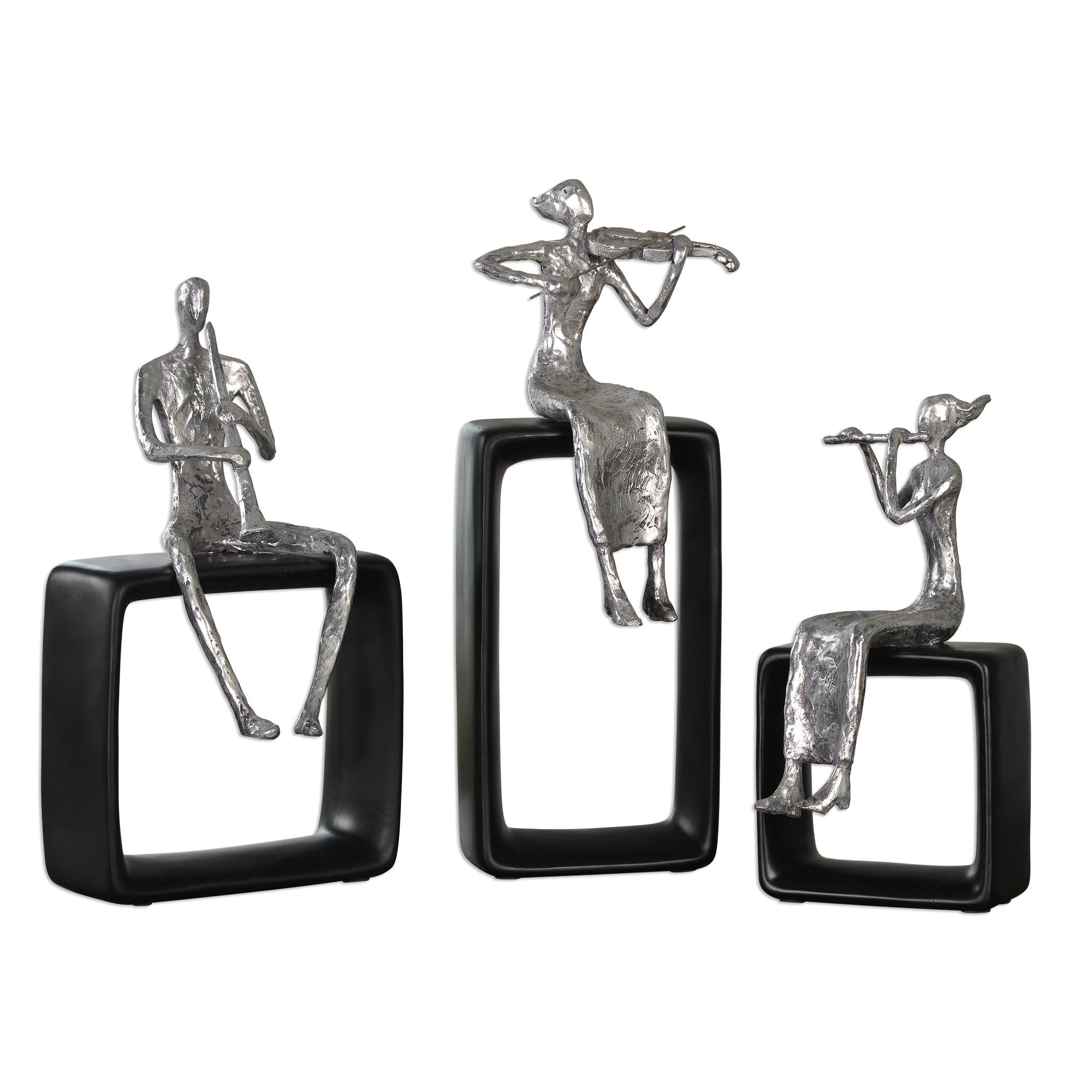 Silver Metal Musical Ensemble Figurines with Black Bases - Set of 3