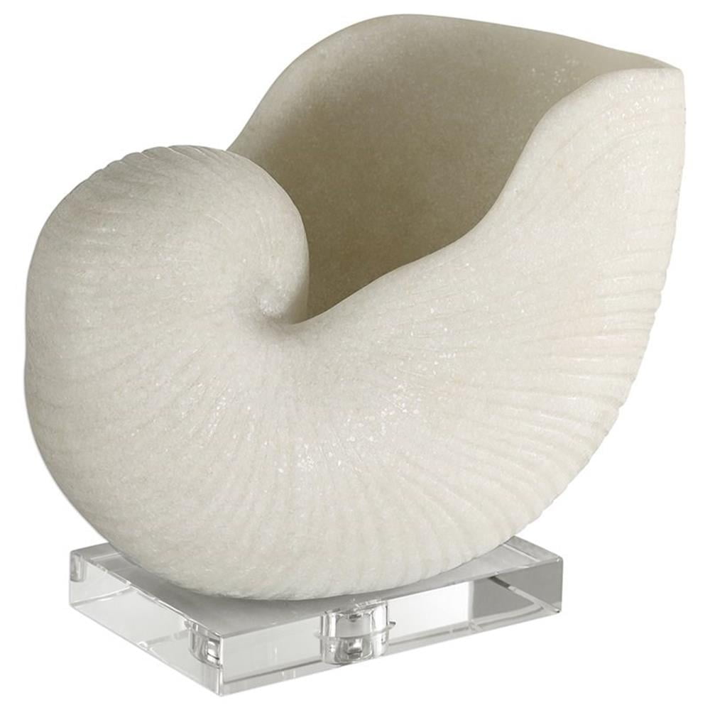 Off-White Granular Nautilus Shell on Crystal Base Sculpture