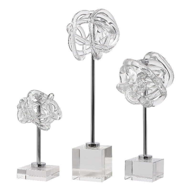 Contemporary Neuron Glass Sculptures with Polished Nickel Base - Set of 3