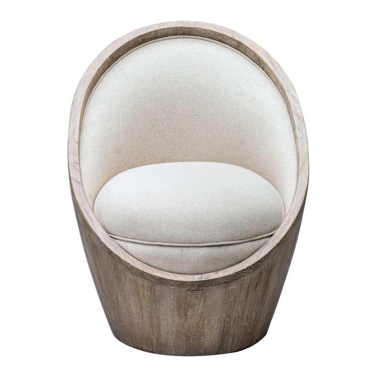 Mahogany Light Wood Barrel Accent Chair in Off-White Linen