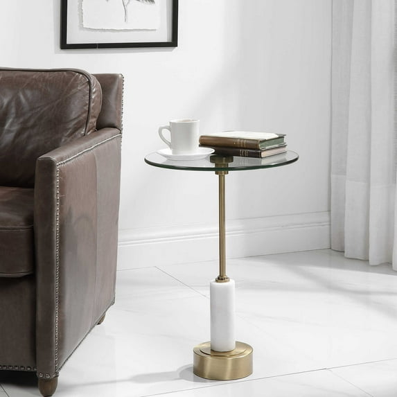 Uttermost Portsmouth Round Iron Metal and Marble Accent Table in Brass