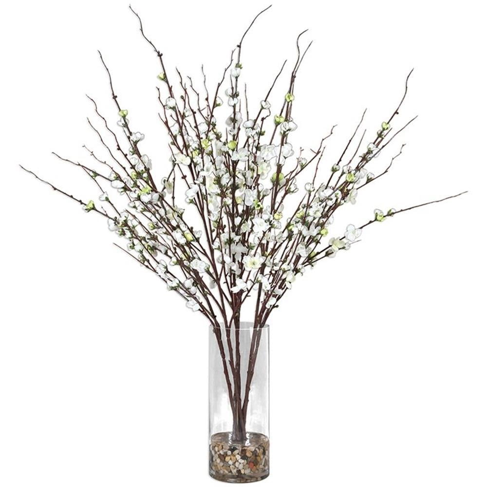 Modern Silk Quince Blossom Tabletop Arrangement in Glass Vase