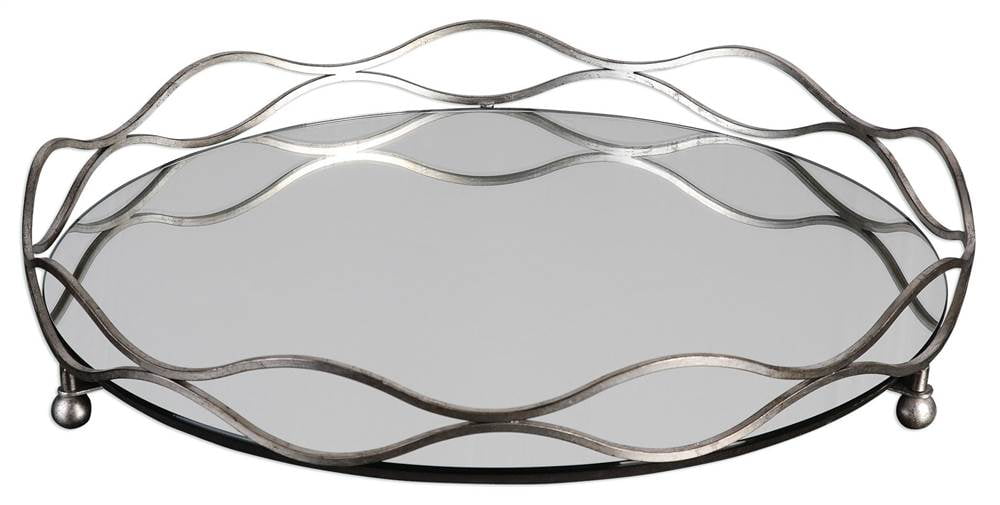 Silver Round Mirrored Decorative Tray with Wavy Metal Rims