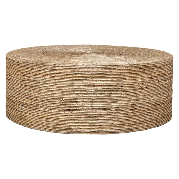 Uttermost Rora Round Coastal Wood and Banana Plant Woven Coffee Table in Brown