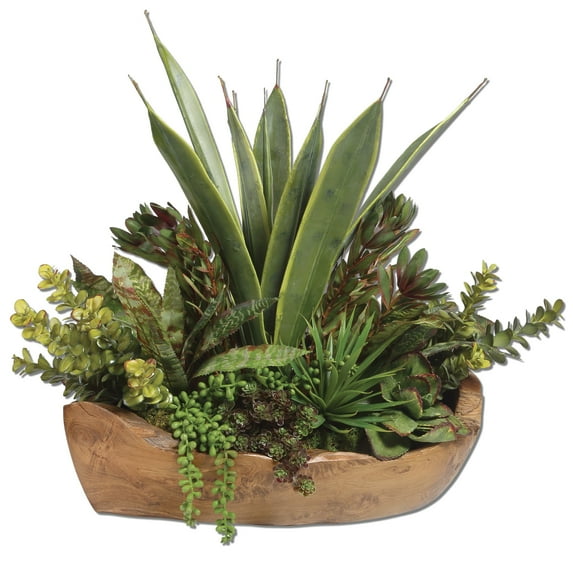 Uttermost Salar Polyester Foam and Teak Wood Succulents In Bronze/Green/Yellow