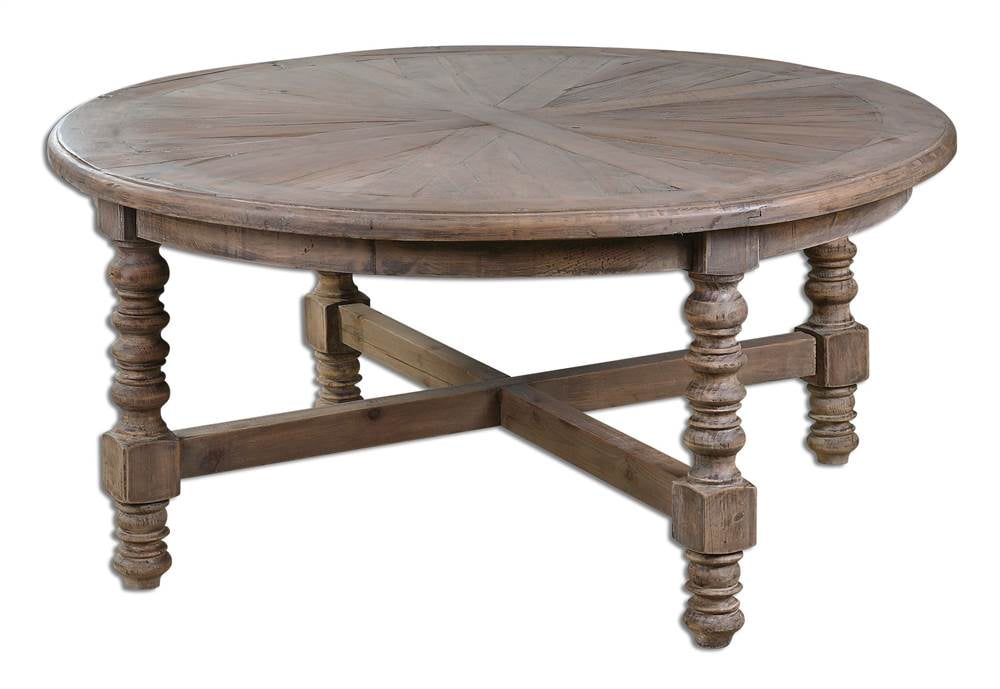 Traditional Sunburst Round Coffee Table in Reclaimed Brown Wood