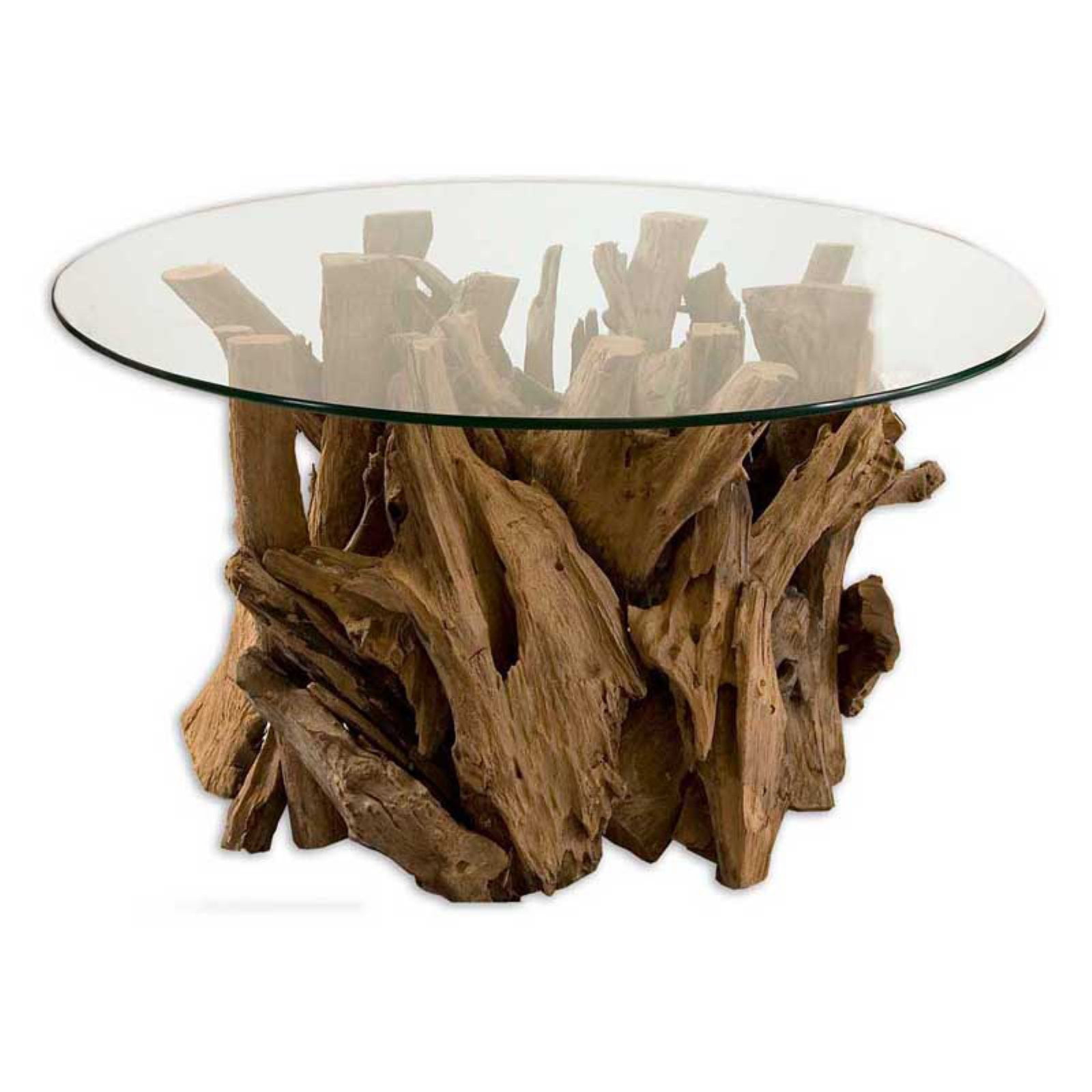 Rustic Lodge Round Teak Wood & Glass Cocktail Table